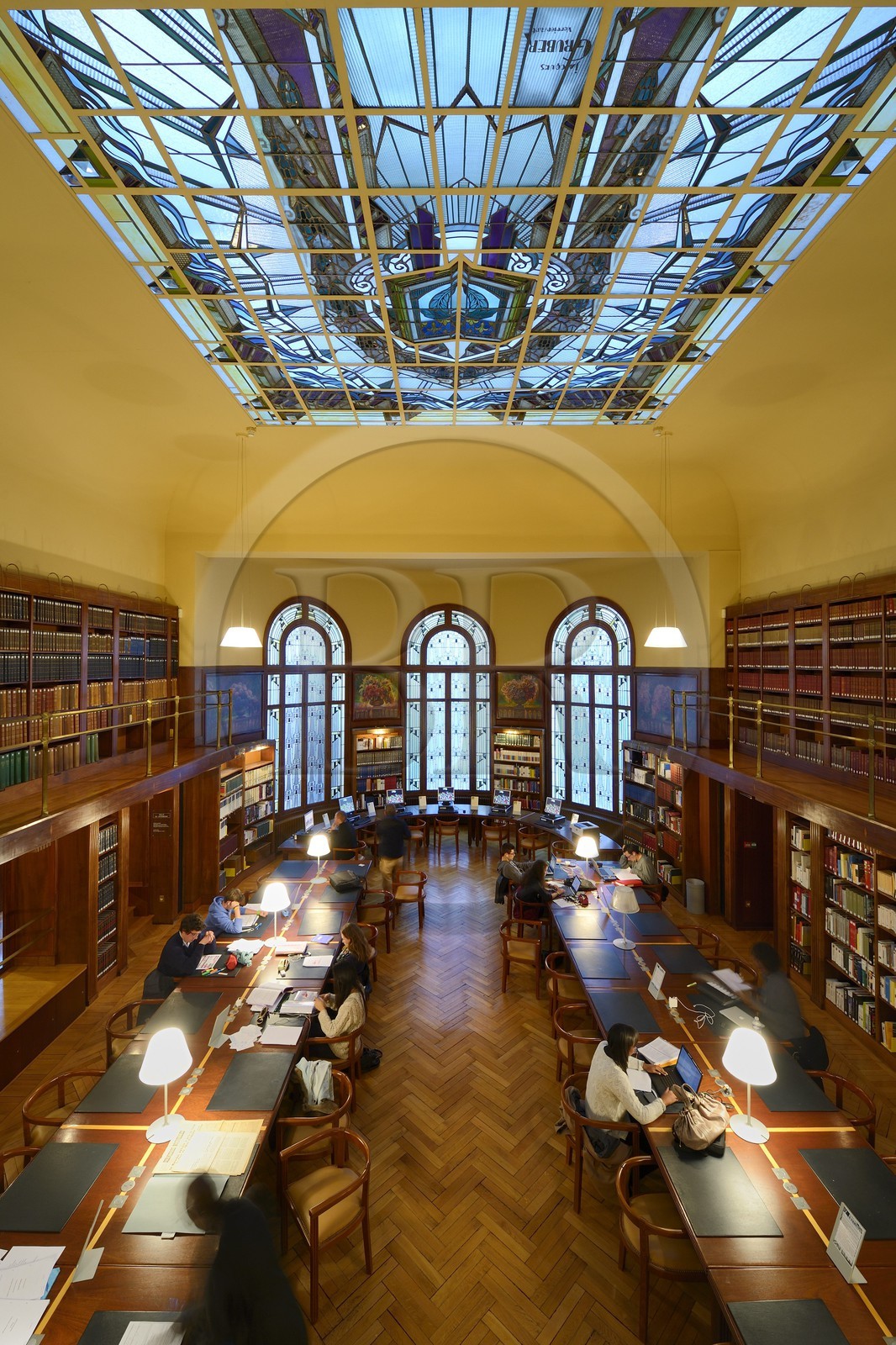 France, Marne, Reims, the Carnegie Library in Art Nouveau style, the three bay windows and the glass roof of the reading room were designed by the master glassmaker of Nancy Jacques Gruber