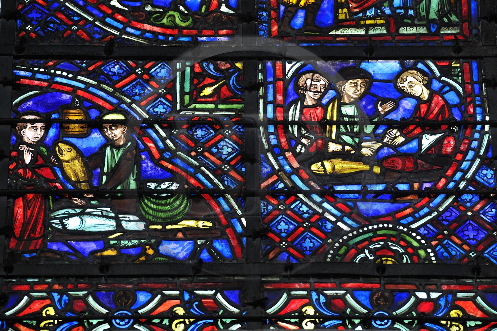 France, Seine-Maritime (76), Rouen, cathédrale Notre-Dame de Rouen, détail de la verrière de Saint Julien l'Hospitalier offert par la corporation des poissonniers qui a inspiré Flaubert
