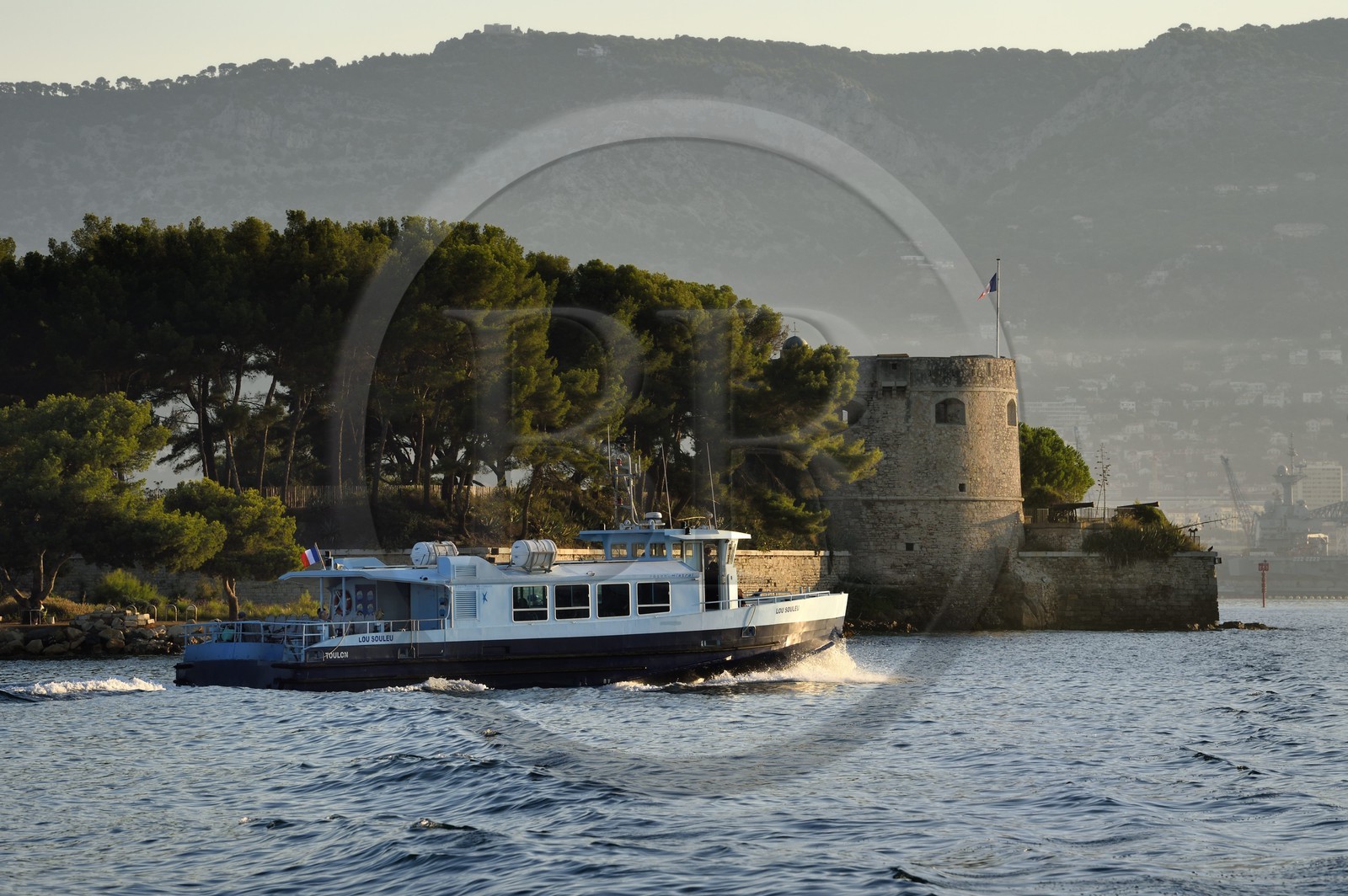 France, Var, the Rade (Roadstead) of Toulon, La Seyne-sur-Mer, water bus passing in front of Fort Balaguier