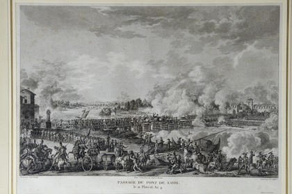 Italie, Lombardie, Lodi, gravure représentant la bataille du pont de Lodi sur l’Alpone qui oppose le 10 mai 1796 l’armée d'Italie du général Bonaparte aux armées coalisées commandées par le général Sebottendorf et conclut de manière victorieuse la deuxième partie de la campagne d’Italie