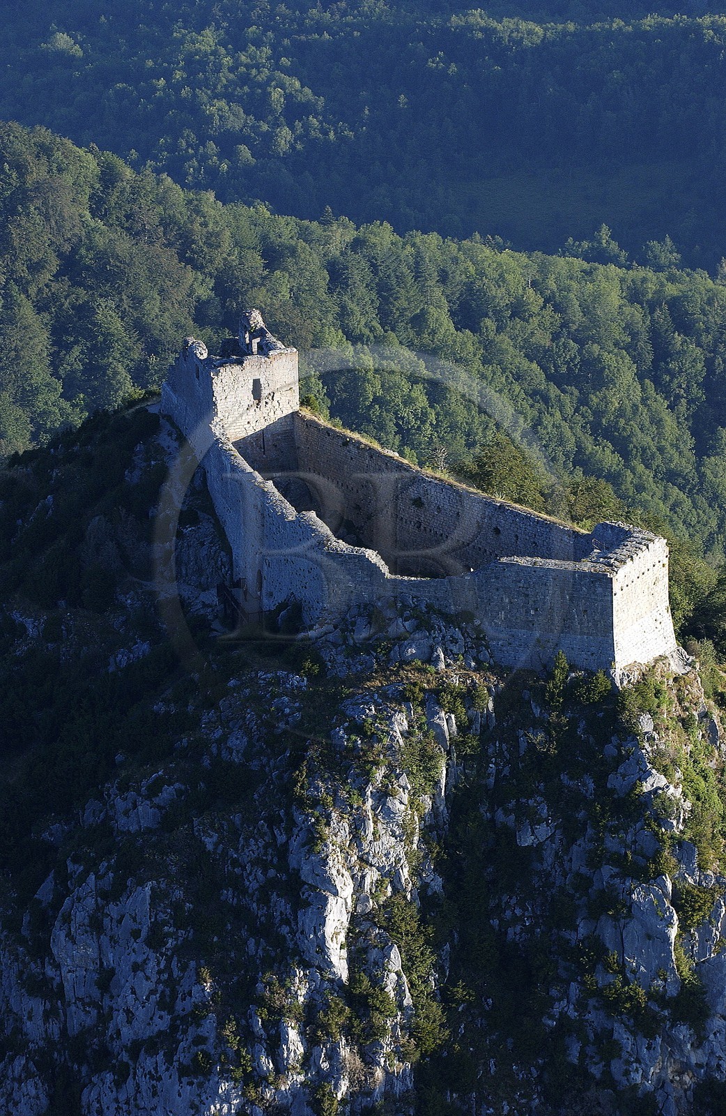 France, Ariege, Pays d' Olmes, Cathar Castle of Montsegur perched on rock (aerial view)