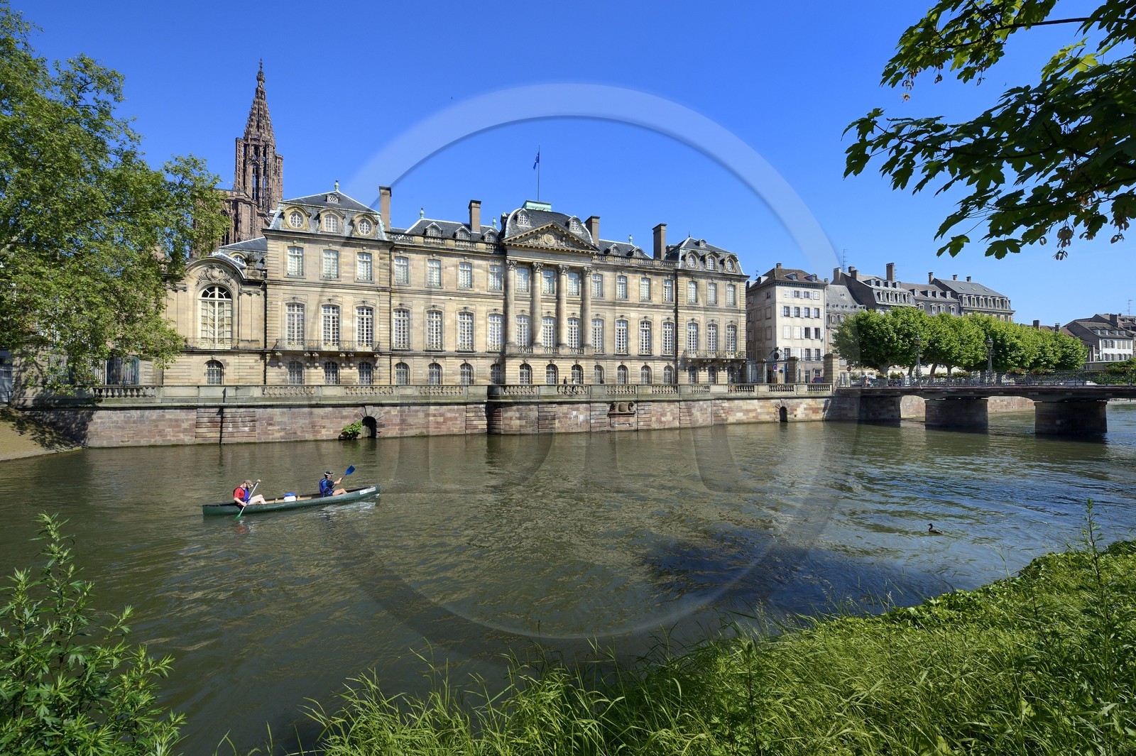 France, Bas Rhin, Strasbourg, old town listed as World Heritage by UNESCO, the Palais des Rohan (Rohan Castle) on the banks of the Ill river which houses the Decorative Arts, the Fine Arts and the Archaeological Museum, Notre Dame Cathedral in the background