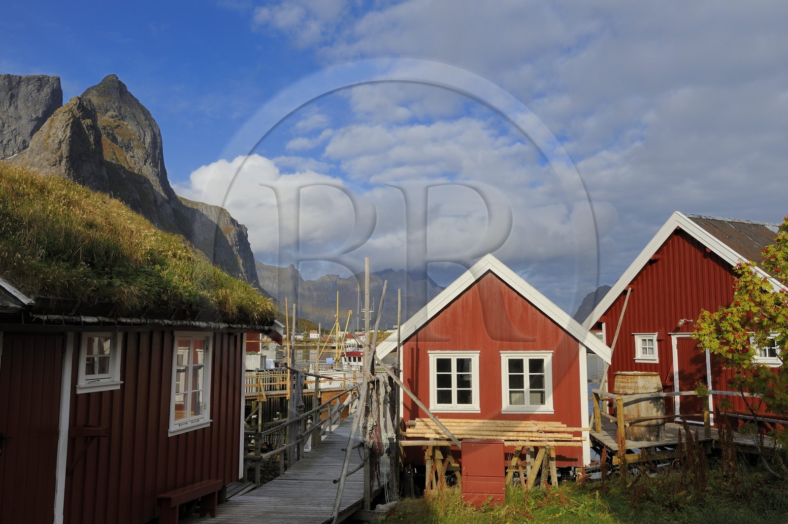 Norvège, Nordland, Iles Lofoten, ile de Moskenesoy, rorbue (maison de pêcheurs) dans le village de Reine