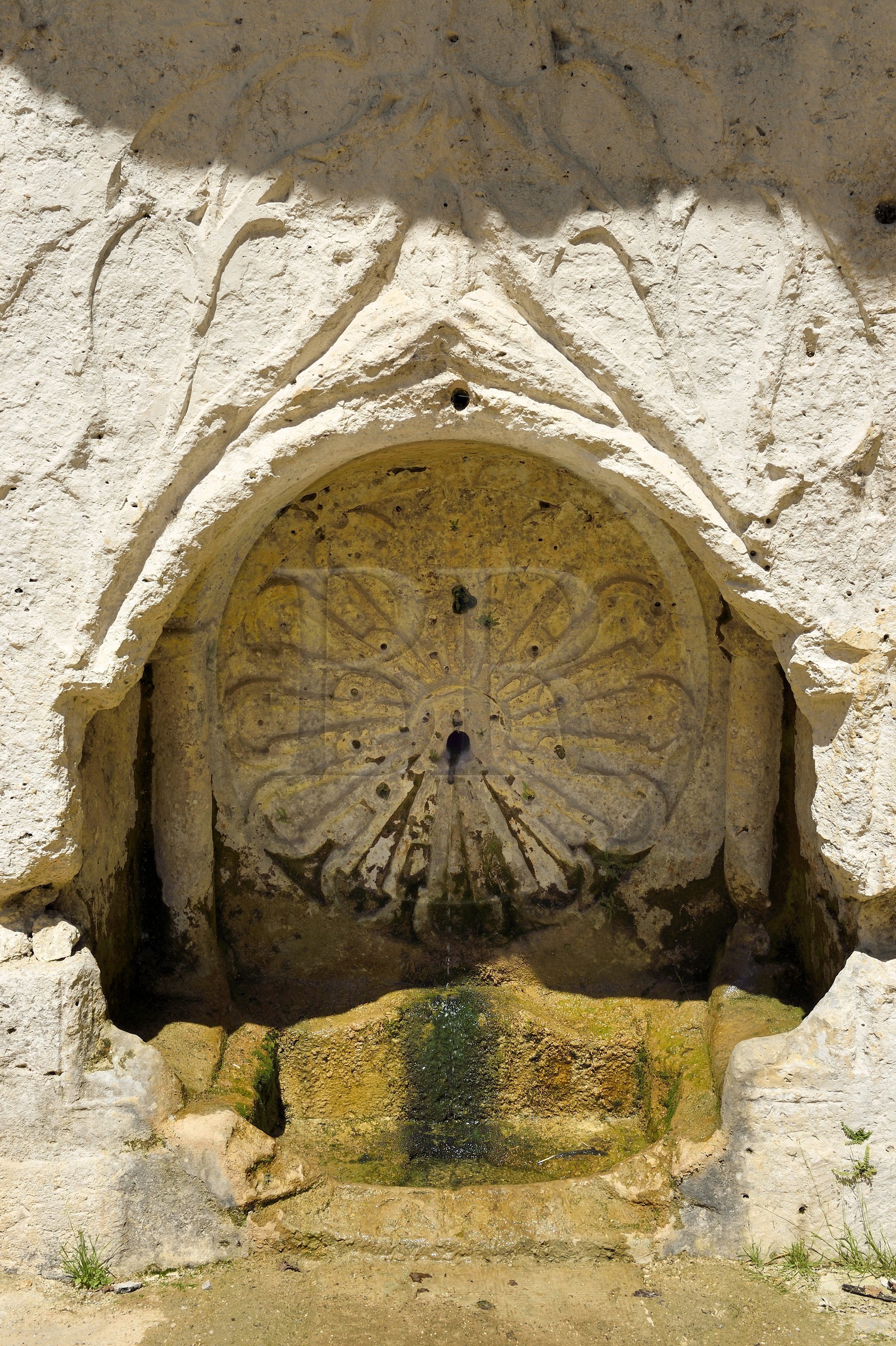 France, Dordogne (24), Brantôme, l'abbaye bénédictine Saint-Pierre de Brantôme, fontaine Saint Sicaire sculptée dans la falaise