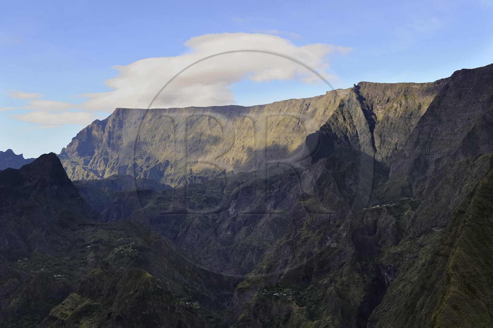 France, Reunion island (French overseas department), cirque of Mafate, listed as World Heritage by UNESCO, and the Piton du Maido (aerial view)