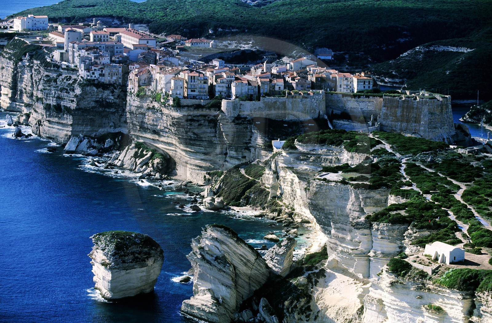 France, Corse-du-Sud (2A), Bonifacio et le rocher du grain de sable en premier plan (vue aérienne)