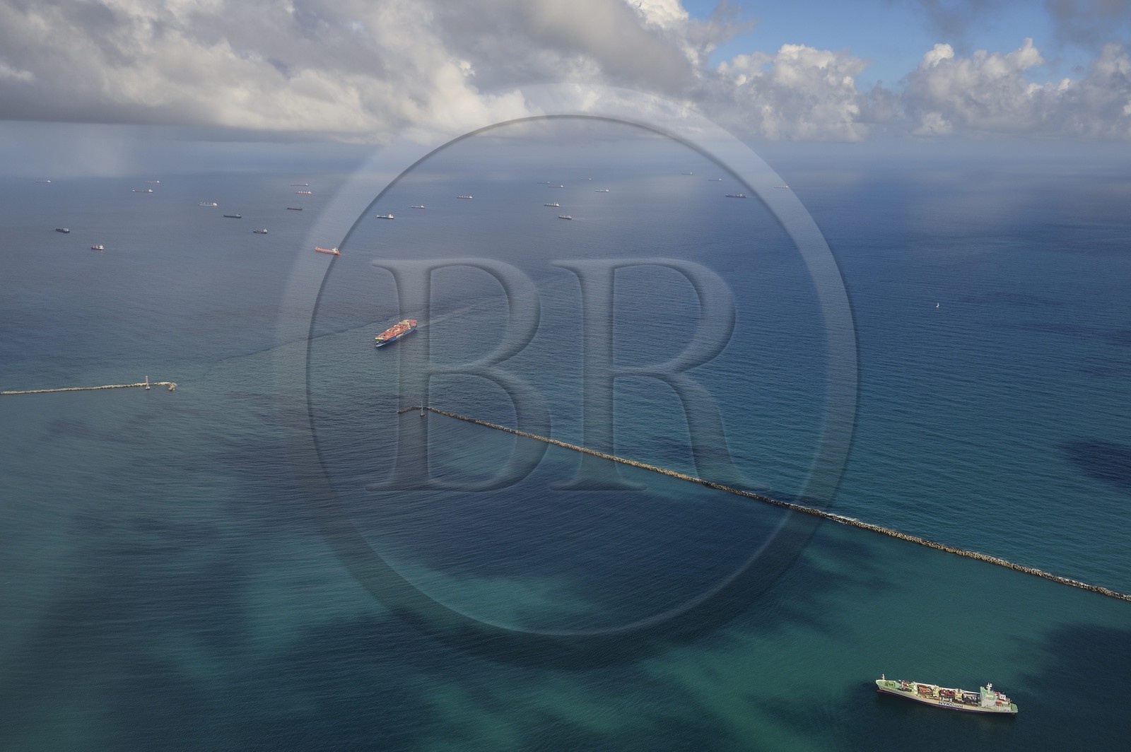 Panama, Colon province, the Limon Bay (Bahia Limon) in the Caribbean Sea at the output of the Panama Canal on the Atlantic side provides anchorage for ships waiting to transit (aerial view)