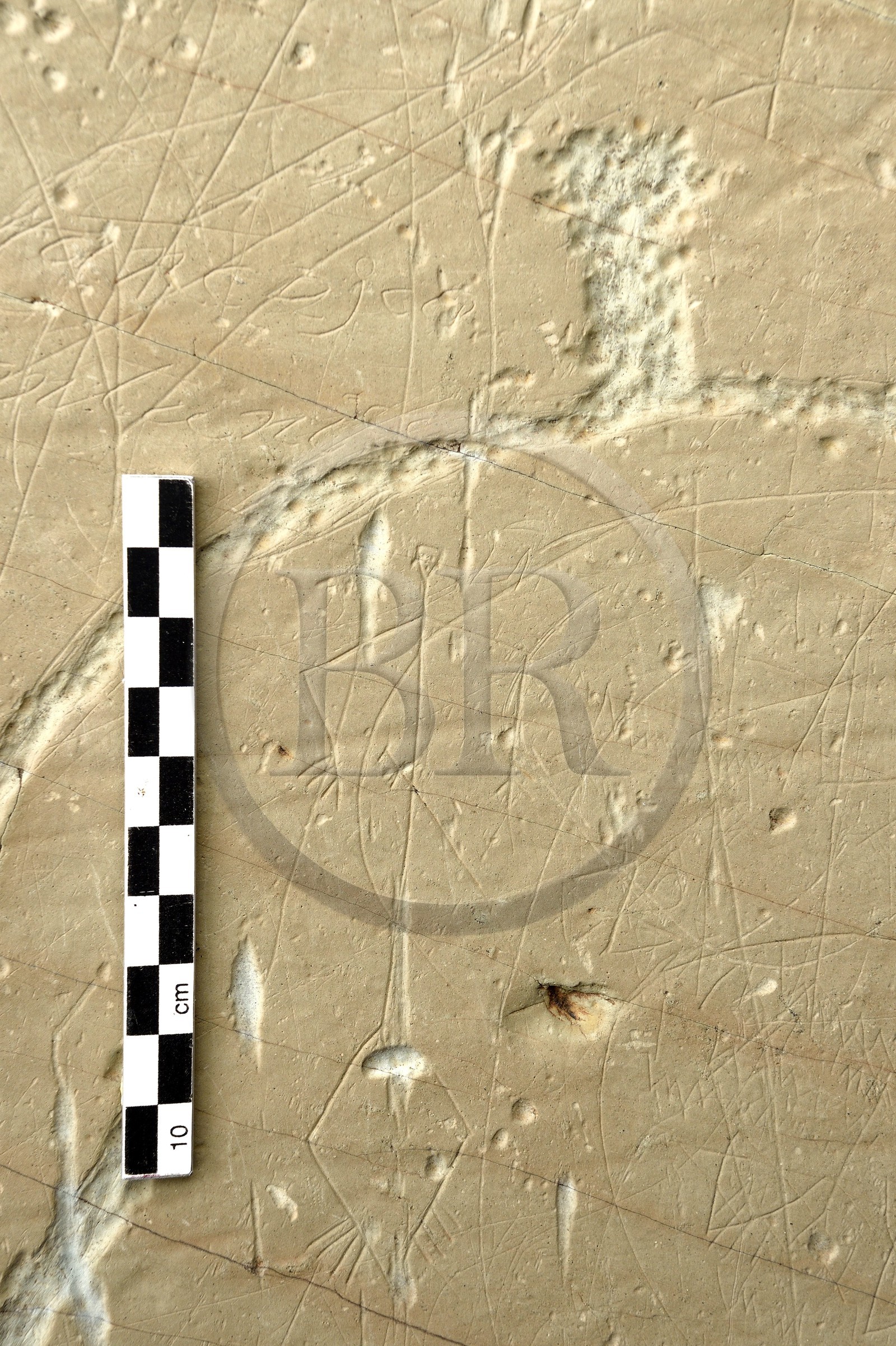 France, Alpes-Maritimes (06), parc national du Mercantour, Vallée des Merveilles parsemée de milliers de gravures rupestres de l'Age de bronze, dalles de schiste jaune des chiappes, gravures liniéaire anthropomorphe inglobé dans une figure corniforme d'un homme avec son épée accroché au fourreau