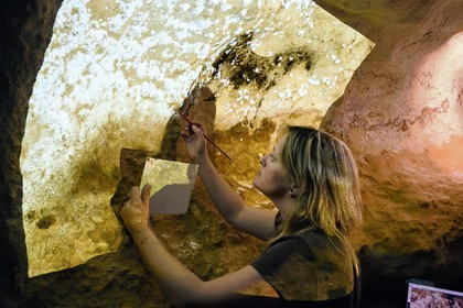 France, Dordogne, Montignac, the Atelier des Fac-Similés du Périgord (Perigord's Facsimile Workshop AFSP) specialised in mineral reproduction of prehistoric painted walls using “stone veil” patented technique and in charge of the Lascaux cave’s walls faithfull reconstitution, reproductions of the paintings by the painter-copyist Beth O’Reilly, compulsory mention Atelier des Fac-Similés du Perigord