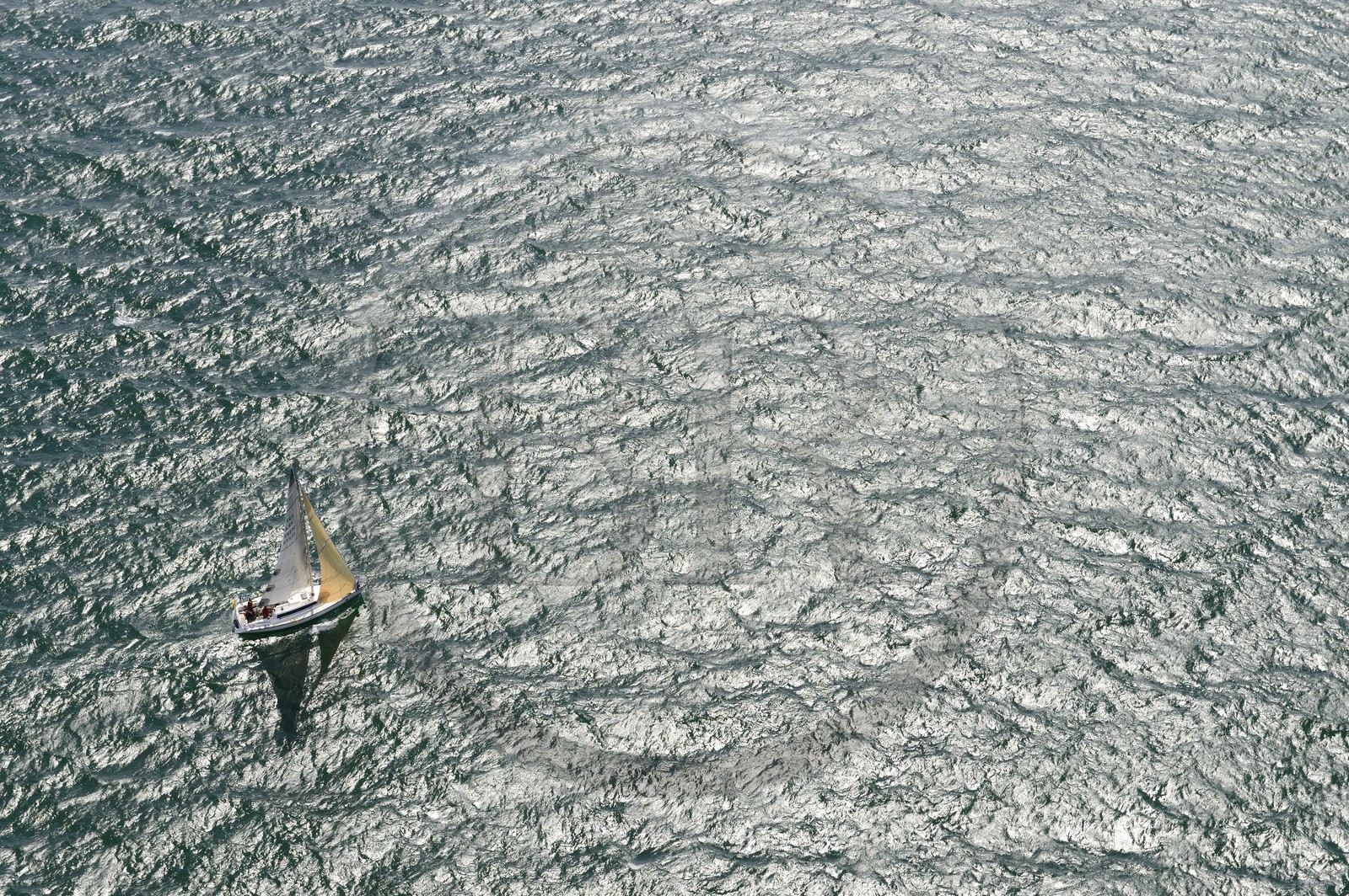 France, Morbihan, Gulf of Morbihan (Golfe du Morbihan), sailing boat (aerial view)