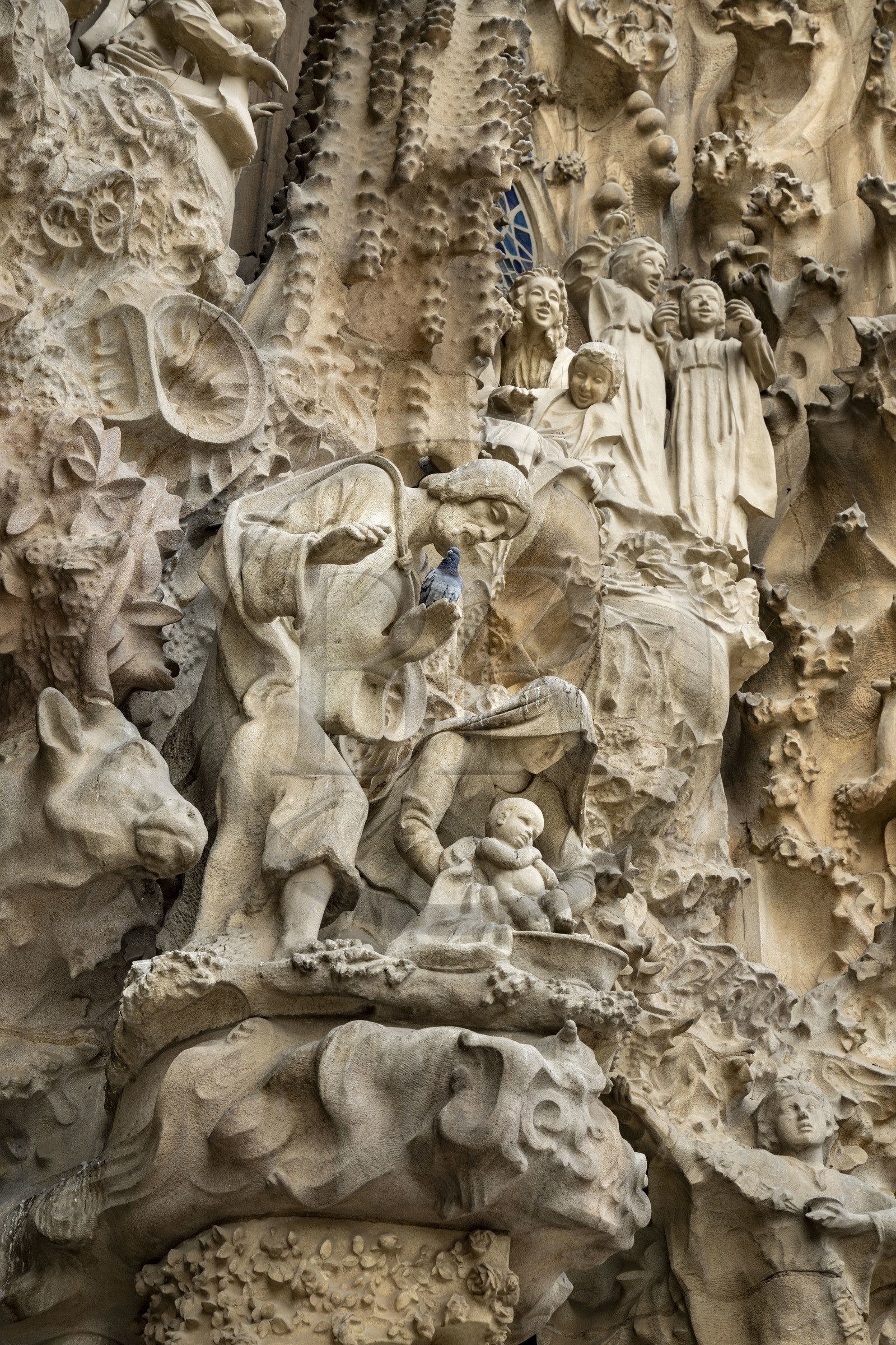 Espagne, Catalogne, Barcelone, quartier de l'Eixample, basilique de la Sagrada Familia de l'architecte du modernisme catalan Antoni Gaudi classée Patrimoine Mondial de l'UNESCO, façade de la Nativité, porte de la Charité, la mère de Dieu et saint Joseph avec Jésus venant de naitre