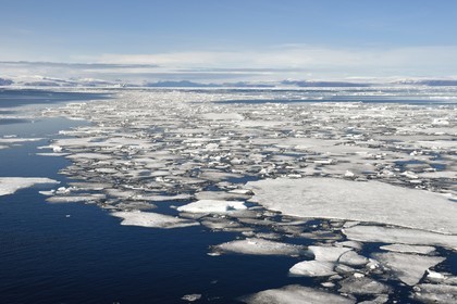 Greenland, North West coast, Smith sound north of Baffin Bay, broken pieces of Arctic sea ice and the Canadian coast of Ellesmere Island in the background