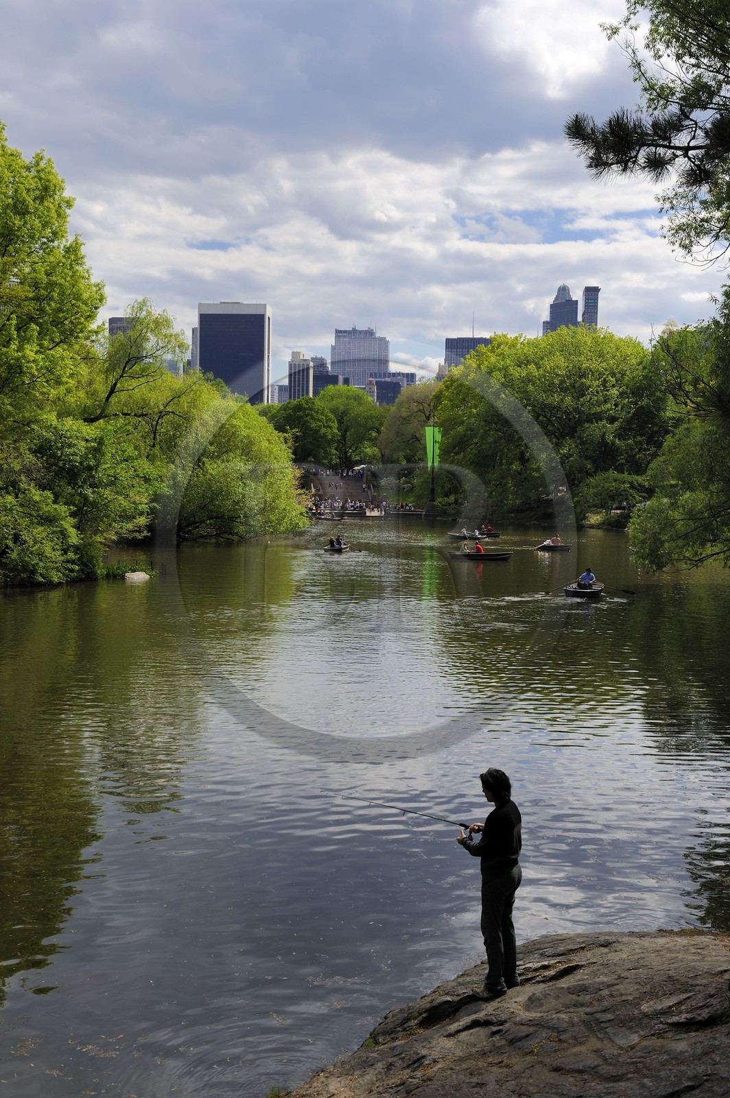 Etats-Unis, New York, Manhattan, Central Park, promenade en barque sur le lac et les gratte-ciels de Midtown