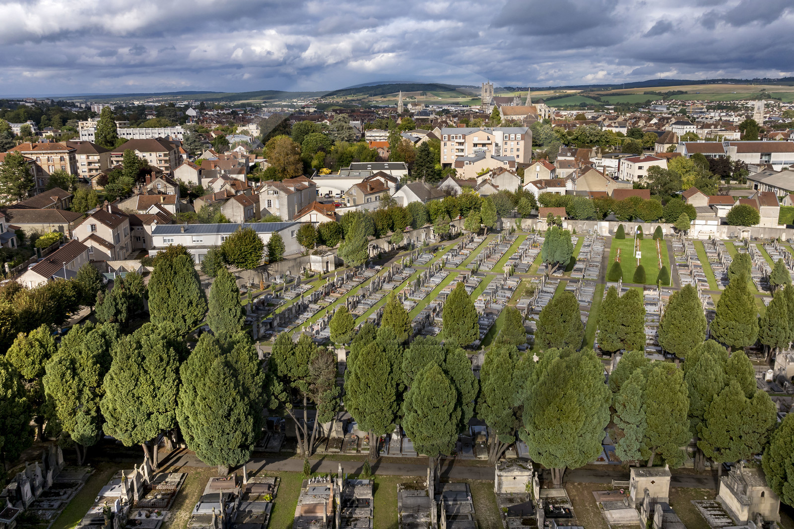 France, Yonne, Auxerre, the Saint-Amâtre (Dunant) cemetery founded in 1793 and Saint-Etienne Cathedral in the background (aerial view)