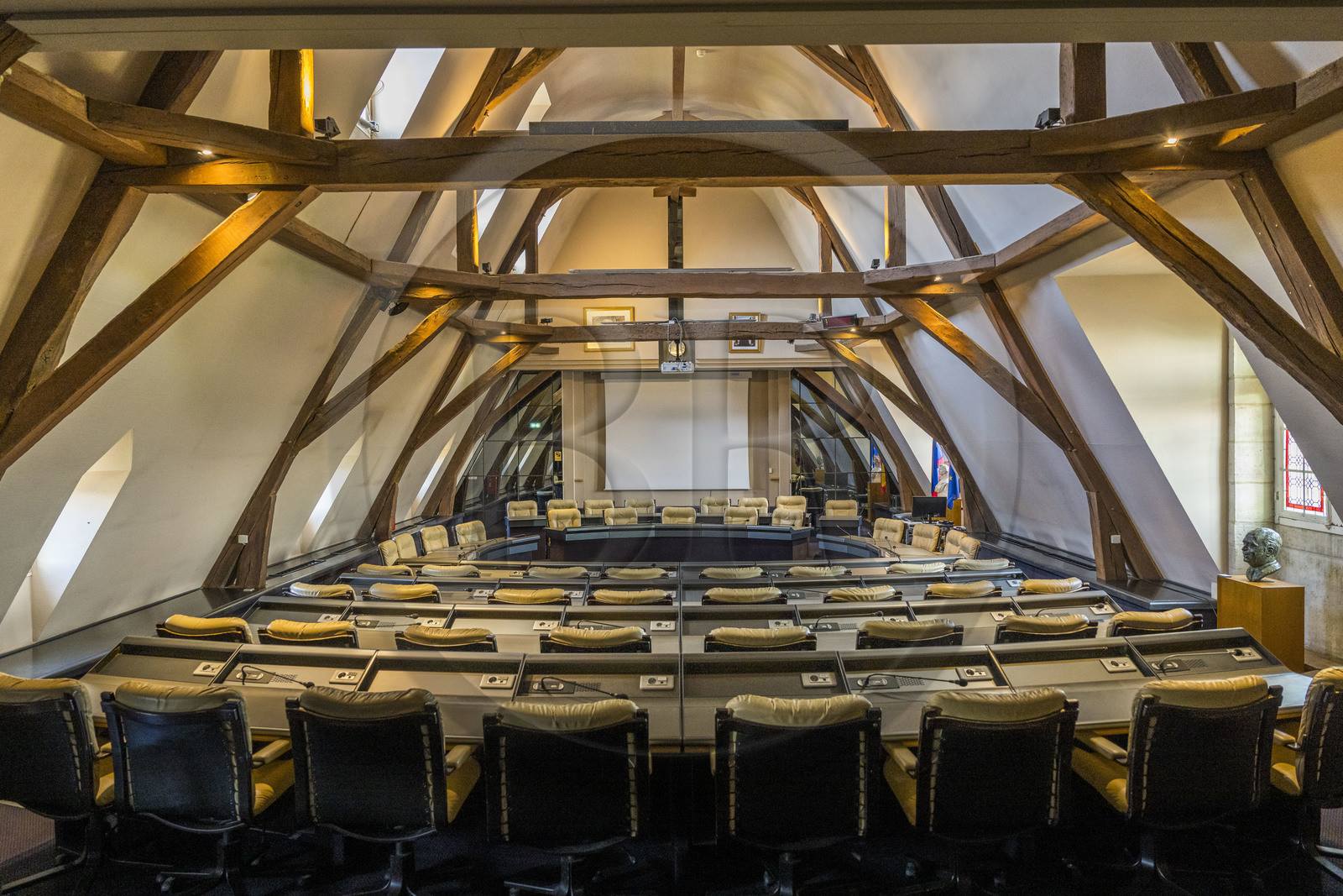 France, Nièvre, Nevers, the Pierre Bérégovoy room where the Municipal Council meets, installed under the medieval framework of the ducal palace, a 15th and 16th century castle, former residence of the Counts and Dukes of Nevers