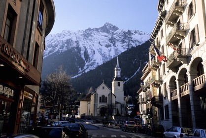 France, Haute Savoie, Chamonix, (Mont Blanc), church avenue and the Brevent
