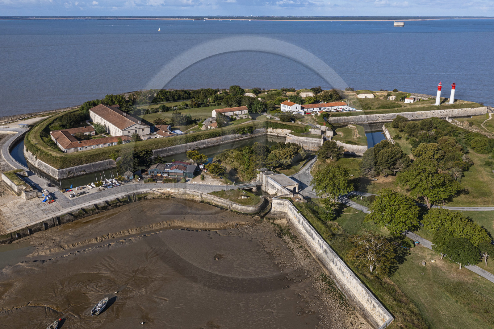 France, Charente-Maritime, Ile d'Aix (Aix Island), Fort de la Rade and the Oleron island in the background (aerial view)