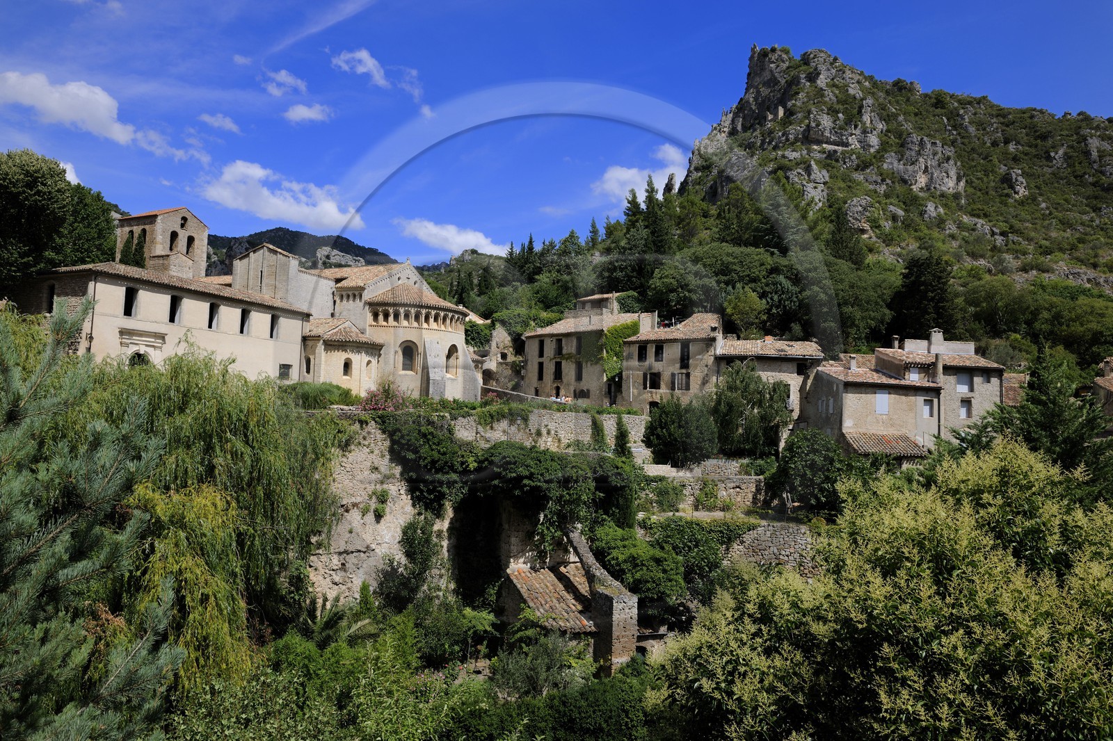 France, Herault, Medieval town of Saint-Guilhem-le-Desert, a stop on el Camino de Santiago, pilgrimage route to Compostela, labelled Les Plus Beaux Villages de France (The Most Beautiful Villages of France), abbey of Gellone from the 11th century listed as World Heritage by UNESCO