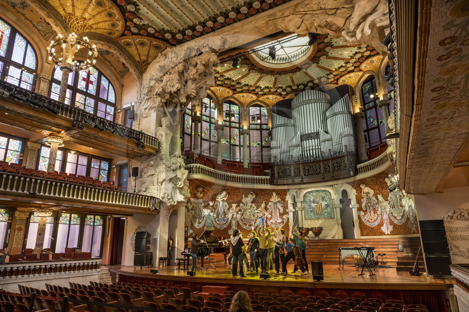 Espagne, Catalogne, Barcelone, Palau de la Musica Catalana (palais de la musique catalane), salle de concert dessinée par l'architecte du modernisme catalan Lluis Domènech i Montaner, site classé au Patrimoine Mondial de l'UNESCO