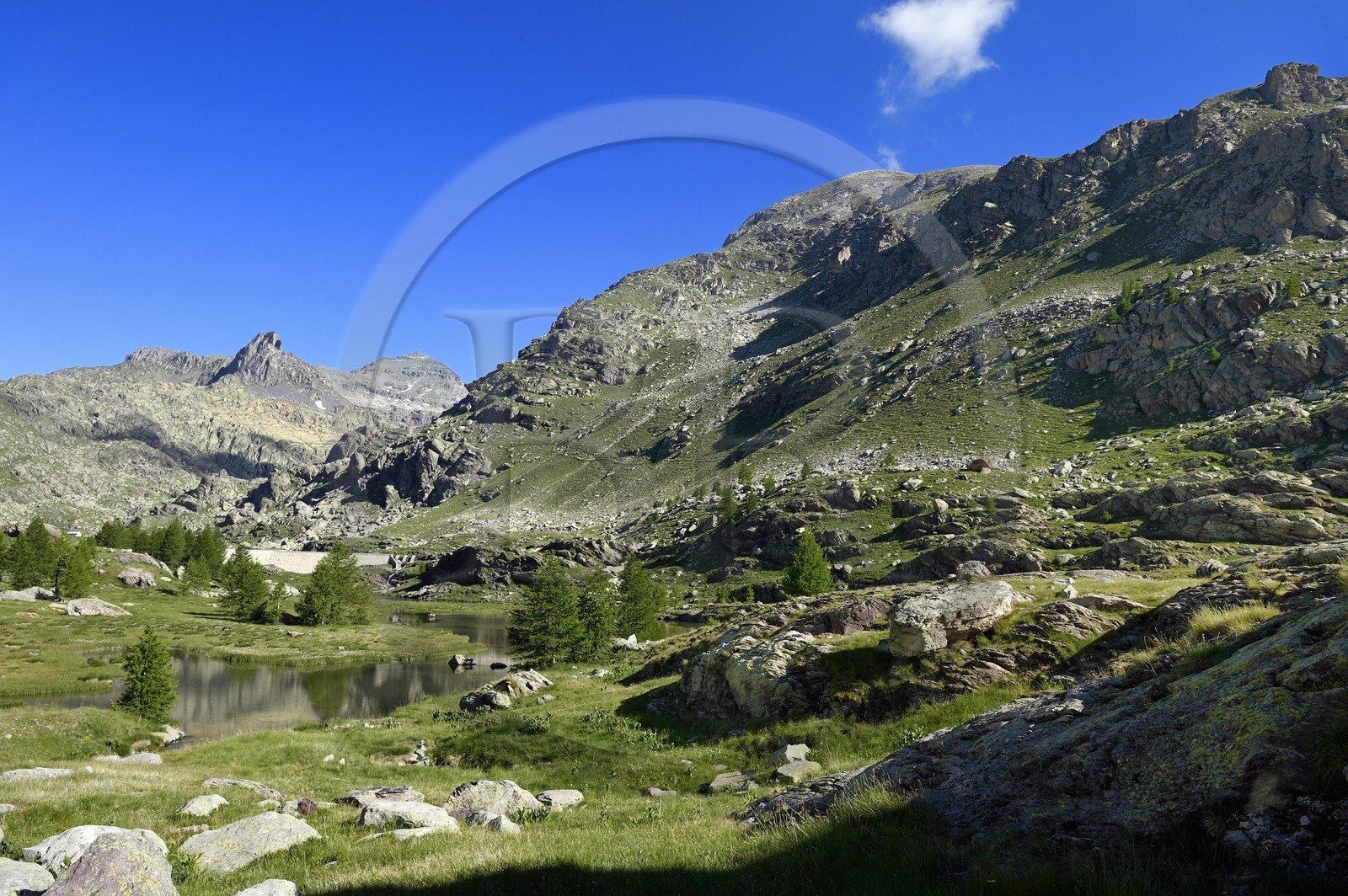 France, Alpes-Maritimes (06), parc national du Mercantour, Vallée des Merveilles parsemée de milliers de gravures rupestres de l'Age de bronze, le lac Long inférieur, le Mont des Merveilles (2720m) à gauche et le Mont Bégo (2872m) à droite