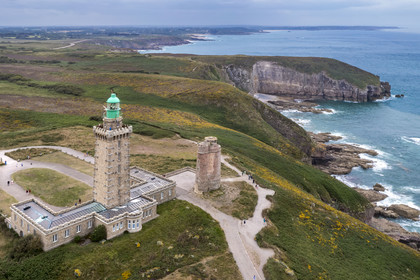 France, Cotes d'Armor, Grand Site de France Cap d'Erquy - Cap Frehel, Plevenon, the Cap Fréhel lighthouse (1950) and the Vauban lighthouse (1702) on the GR 34 hiking trail (aerial view)