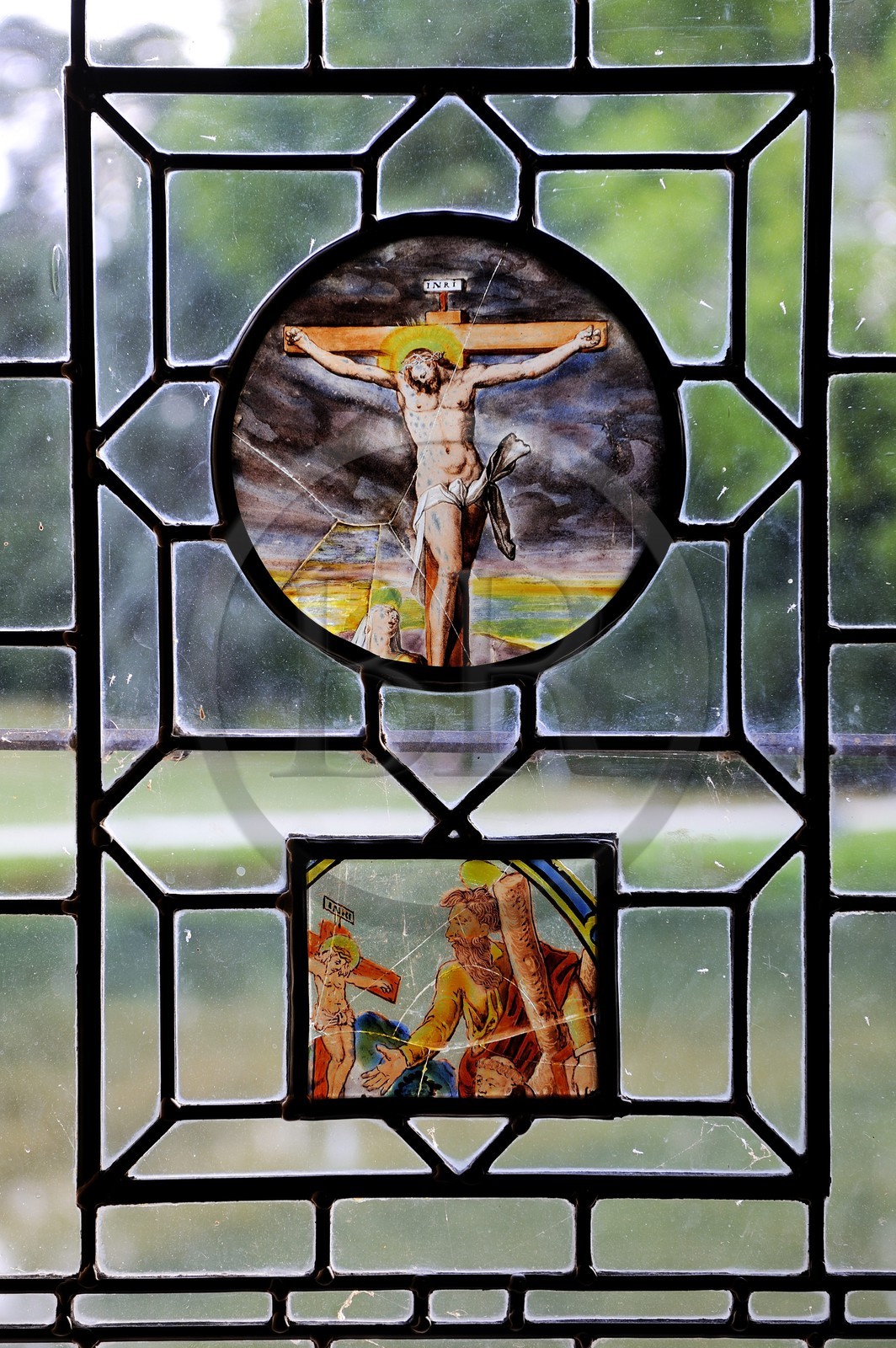 France, Indre et Loire, Loire Valley listed as World Heritage by UNESCO, Chateau d' Azay le Rideau, stained glass window of the Billancourt Salon, detail