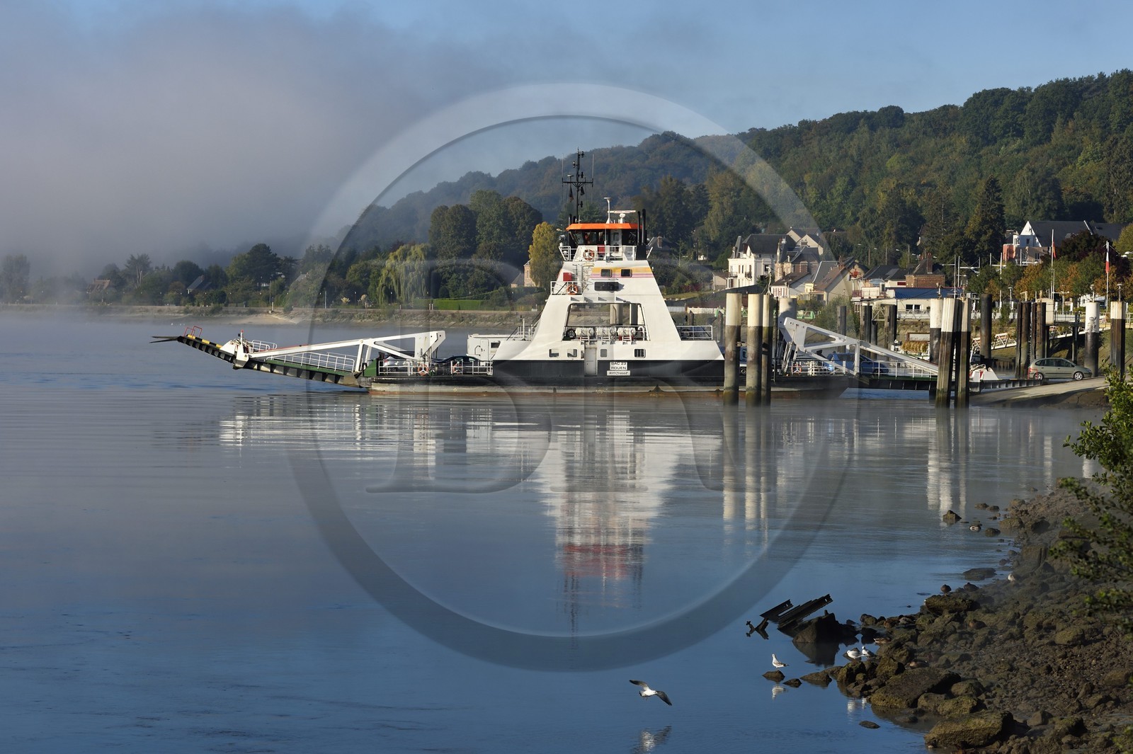 France, Seine-Maritime (76), Pays de Caux, Parc naturel régional des Boucles de la Seine normande, Duclair, traversée du bac auto sur la Seine dans la brume du petit matin