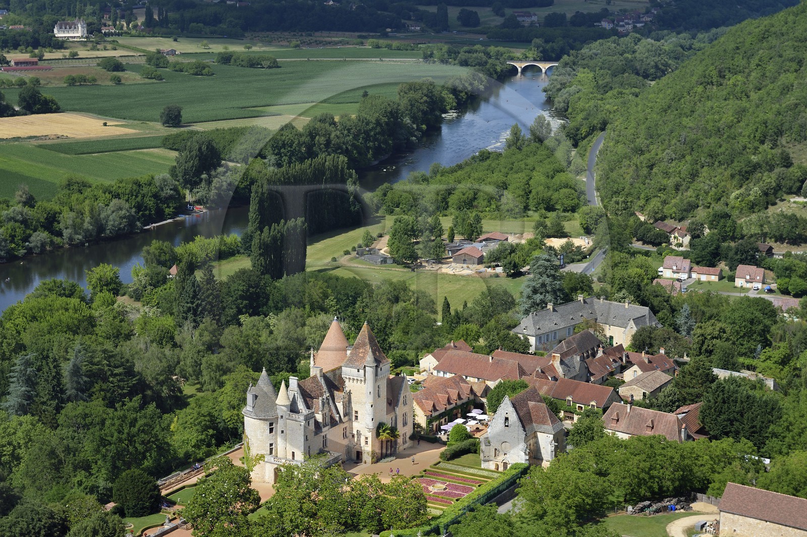France, Dordogne, Perigord Noir, Dordogne Valley, Castelnaud la Chapelle, Chateau des Milandes, the French-american dancer Josephine Baker's former property (aerial view)