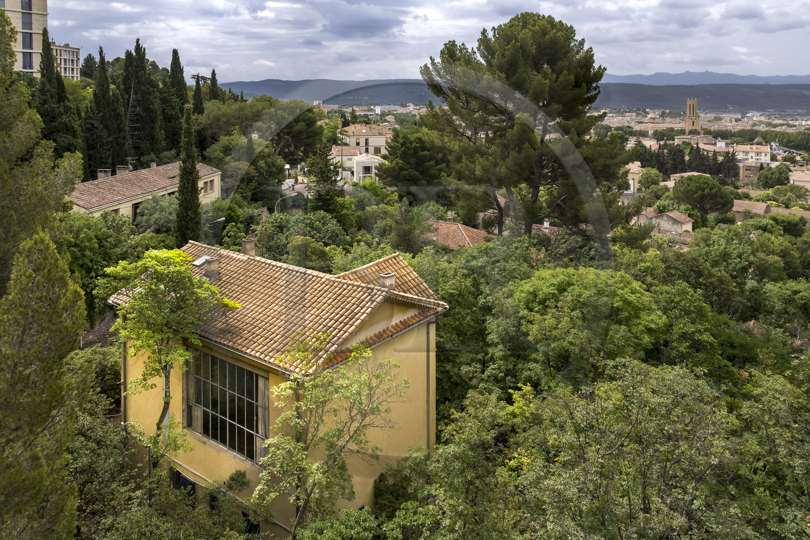 France, Bouches du Rhone, Aix en Provence, Paul Cezanne's studio on the Lauves hill, a country house-artist's studio and now a museum that the painter had built (aerial view)