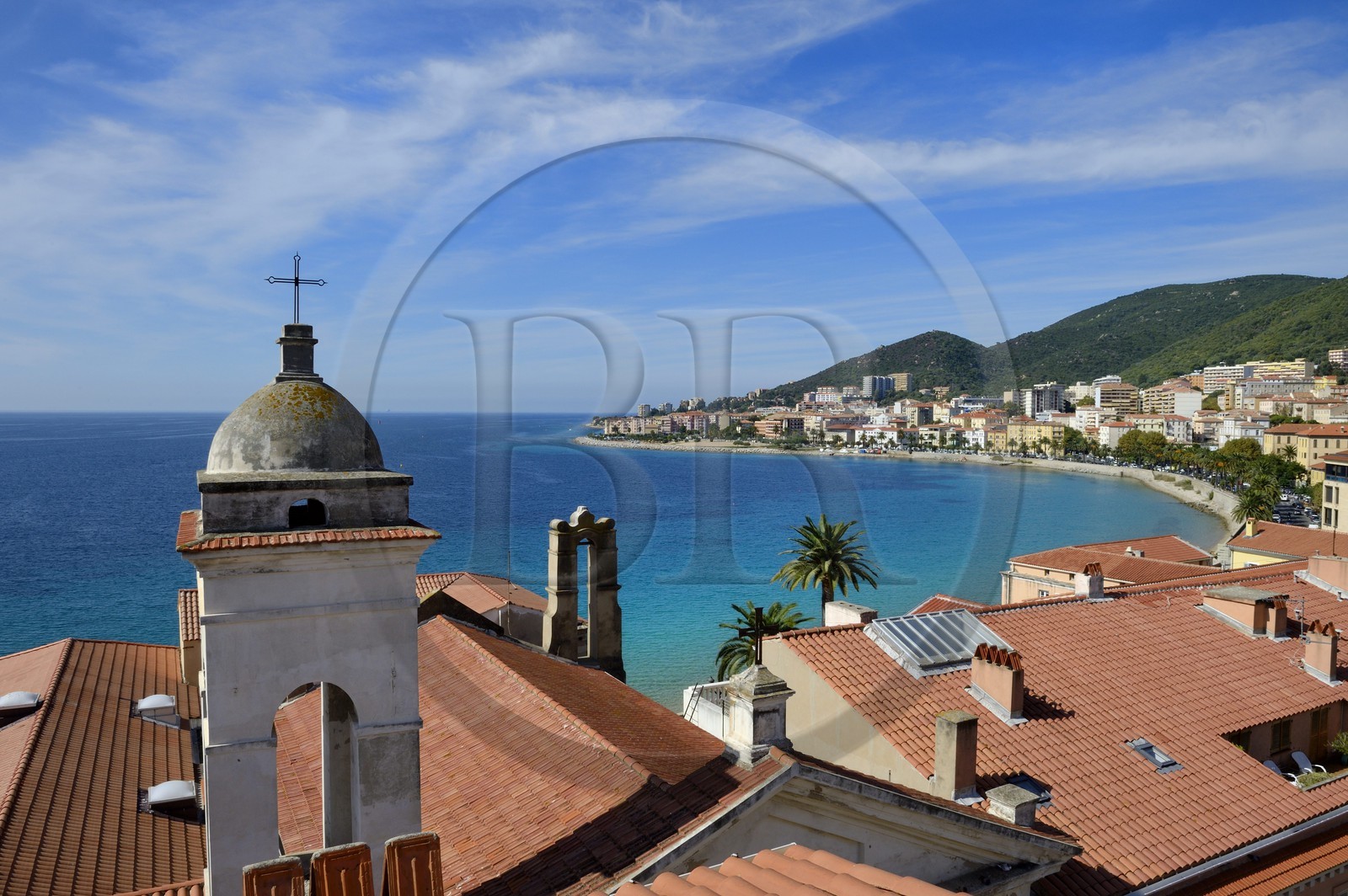 France, Corse du Sud, Ajaccio, St. Erasmus church devoted to the saint patron of the fishermen overlooking the bay of Ajaccio in the background