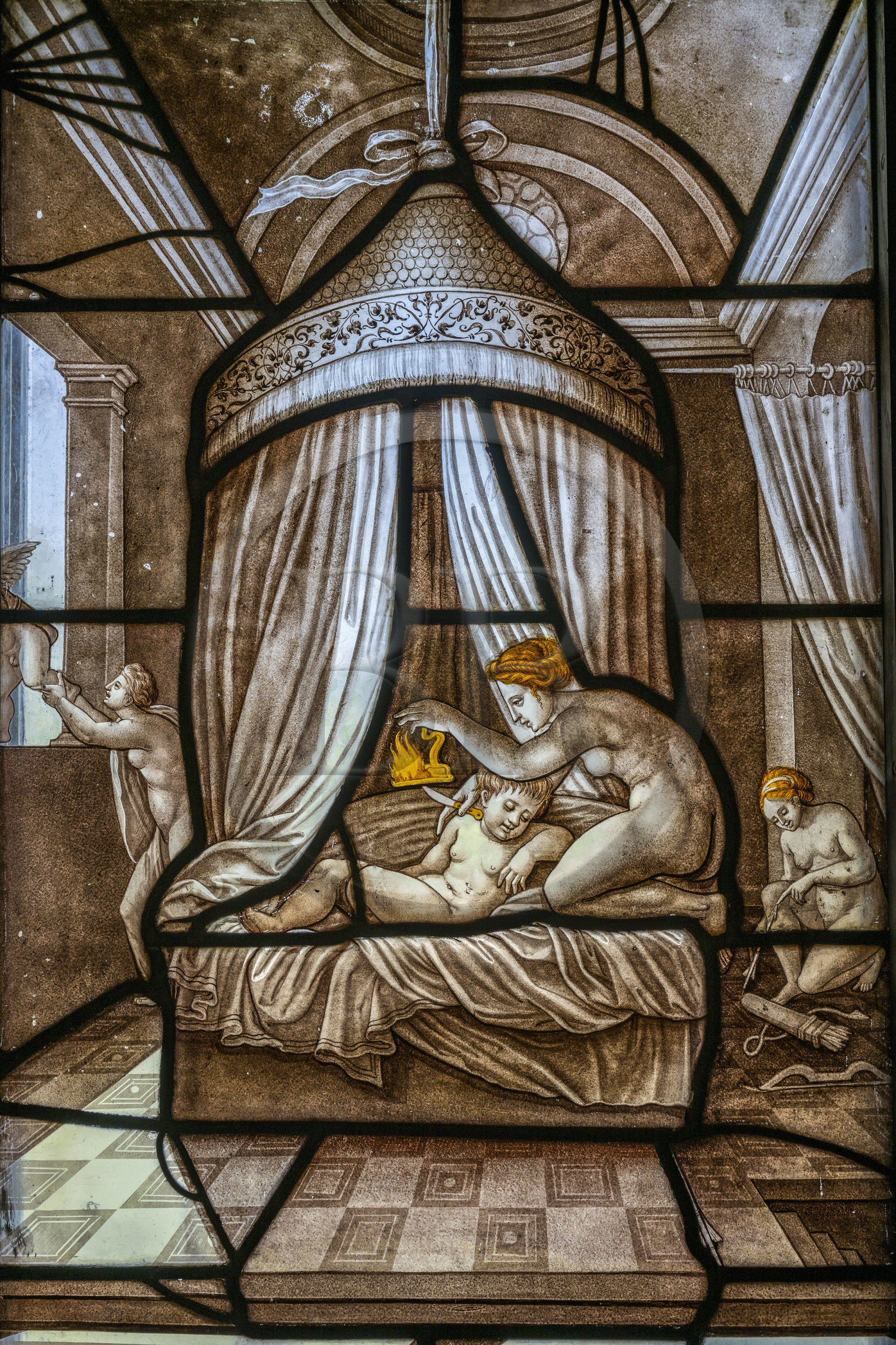 France, Oise, Chantilly, the castle of Chantilly, the Condé museum, the stained glass windows of the gallery of Psyche