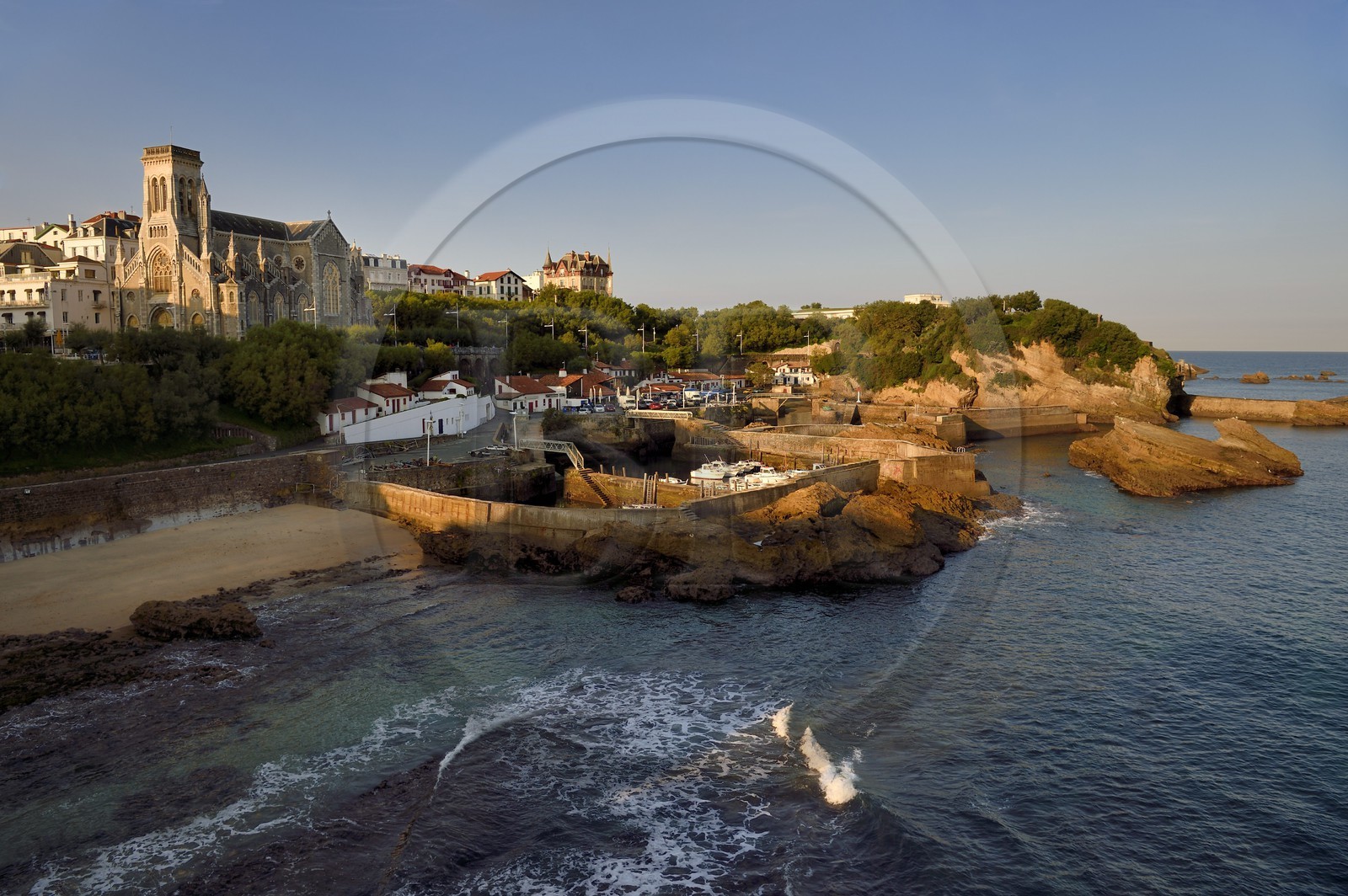 France, Pyrenees Atlantiques, Basque Country, Biarritz, Sainte Eugenie church overlooking the Port des Pecheurs
