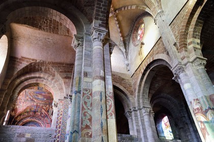 France, Haute Loire, Brioude, the Basilica of Saint-Julien de Brioude in Auvergne Romanesque style, 13th century frescoes in the Saint Michel chapel in the south gallery of the front nave, Christ in glory is surrounded by the four evangelists, angels and saints