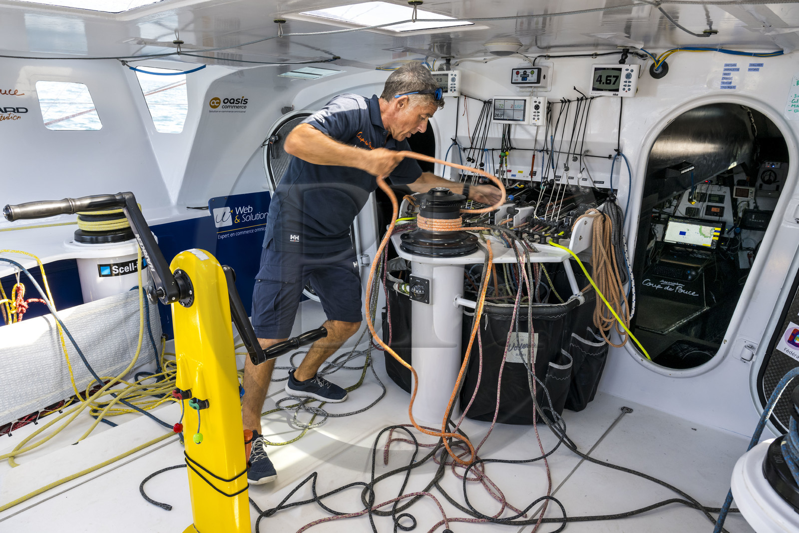 France, Vendee, Les Sables d'Olonne, skipper Manuel Cousin training on his 60-foot monohull sailboat IMOCA Coup de Pouce
