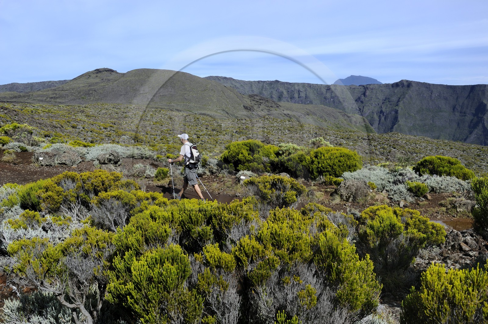 France, île de la Réunion, volcan du Piton de la Fournaise, classé Patrimoine Mondial de l'UNESCO, randonneurs sur les sentiers du haut de l'Enclos