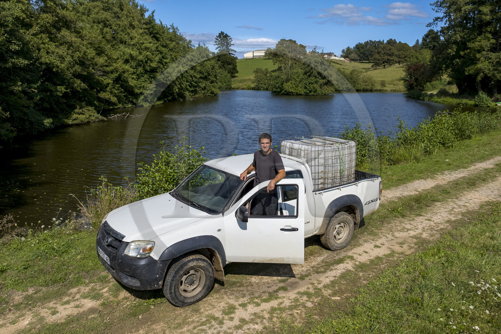 France, Nièvre (58), Parc naturel régional du Morvan, Millay, Ferme Les Prairies Gourmandes, Emmanuel Dumas éleveur de vaches Charolaises (vue aérienne)