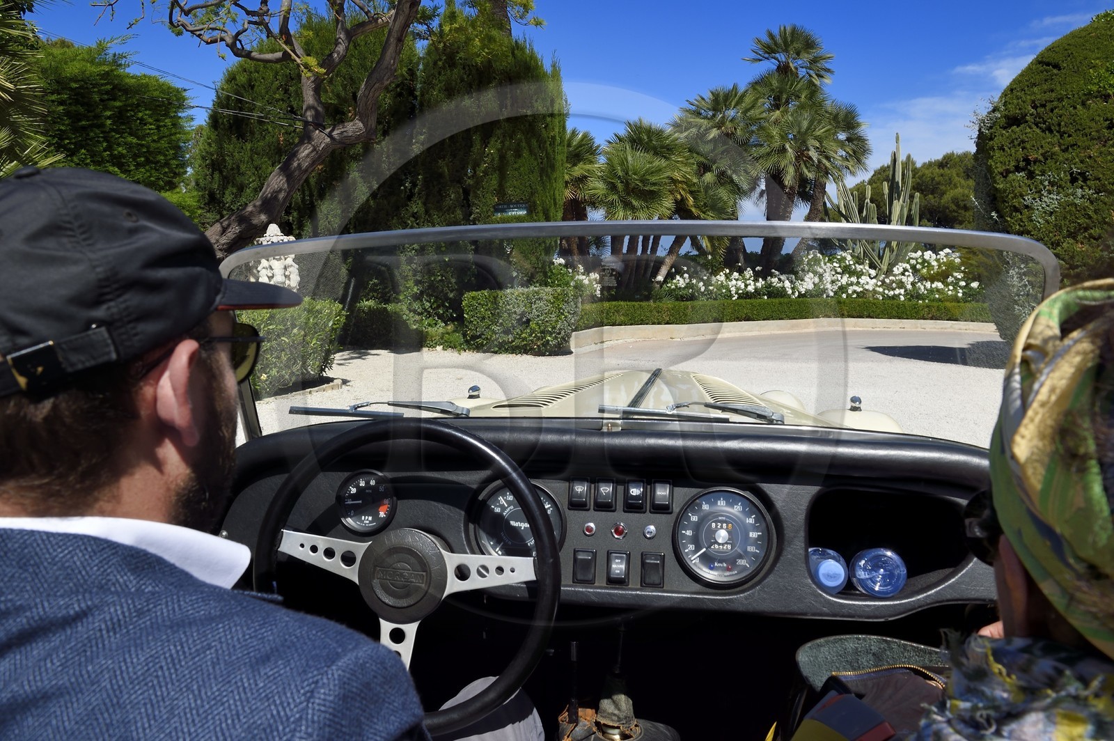 France, Alpes Maritimes, Saint Jean Cap Ferrat, Morgan Roadster 4 4 vintage car in the Ephrussi de Rothschild villa's alley
