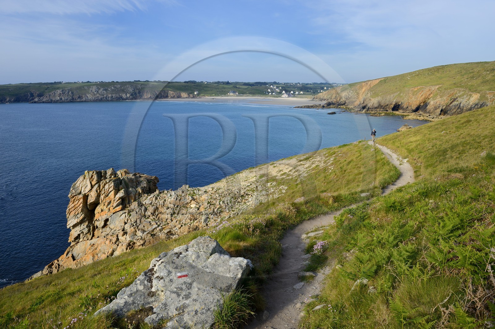 France, Finistere, Iroise Sea, Plogoff, Baie des Trepasses, between the Pointe du Raz and the Pointe du Van in the background, GR 34 trail