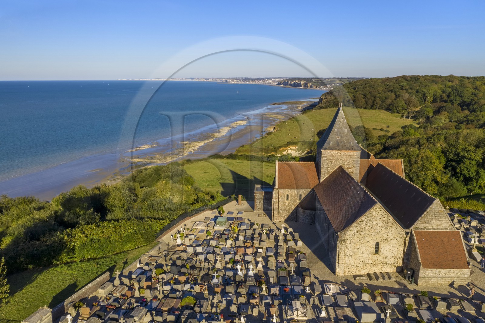 France, Seine-Maritime, Cote d'Albatre (Alabaster Coast), Pays de Caux, the Saint-Valery church of Varengeville-sur-Mer and its cemetery by the sea overlooking the cliffs of the Cote d'Albatre (Alabaster Coast) (aerial view)