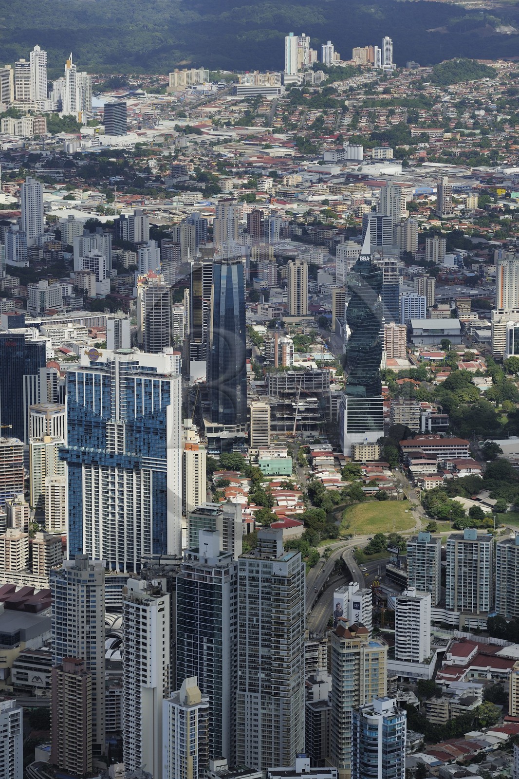 Panama, Panama City, the Soho Mall - HSBC Tower on the left and the F&F Tower previously known as the Revolution Tower or even as El Tornillo (the screw) on the right (aerial view)