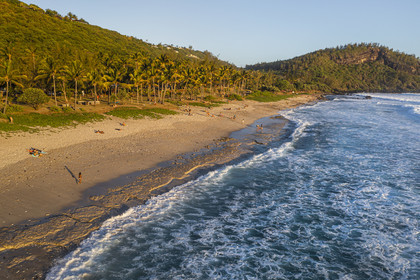 France, Ile de la Reunion, Petite-Ile sur la côte sud, plage de sable blanc de Grand-Anse au pied de piton Grande-Anse (vue aérienne)
