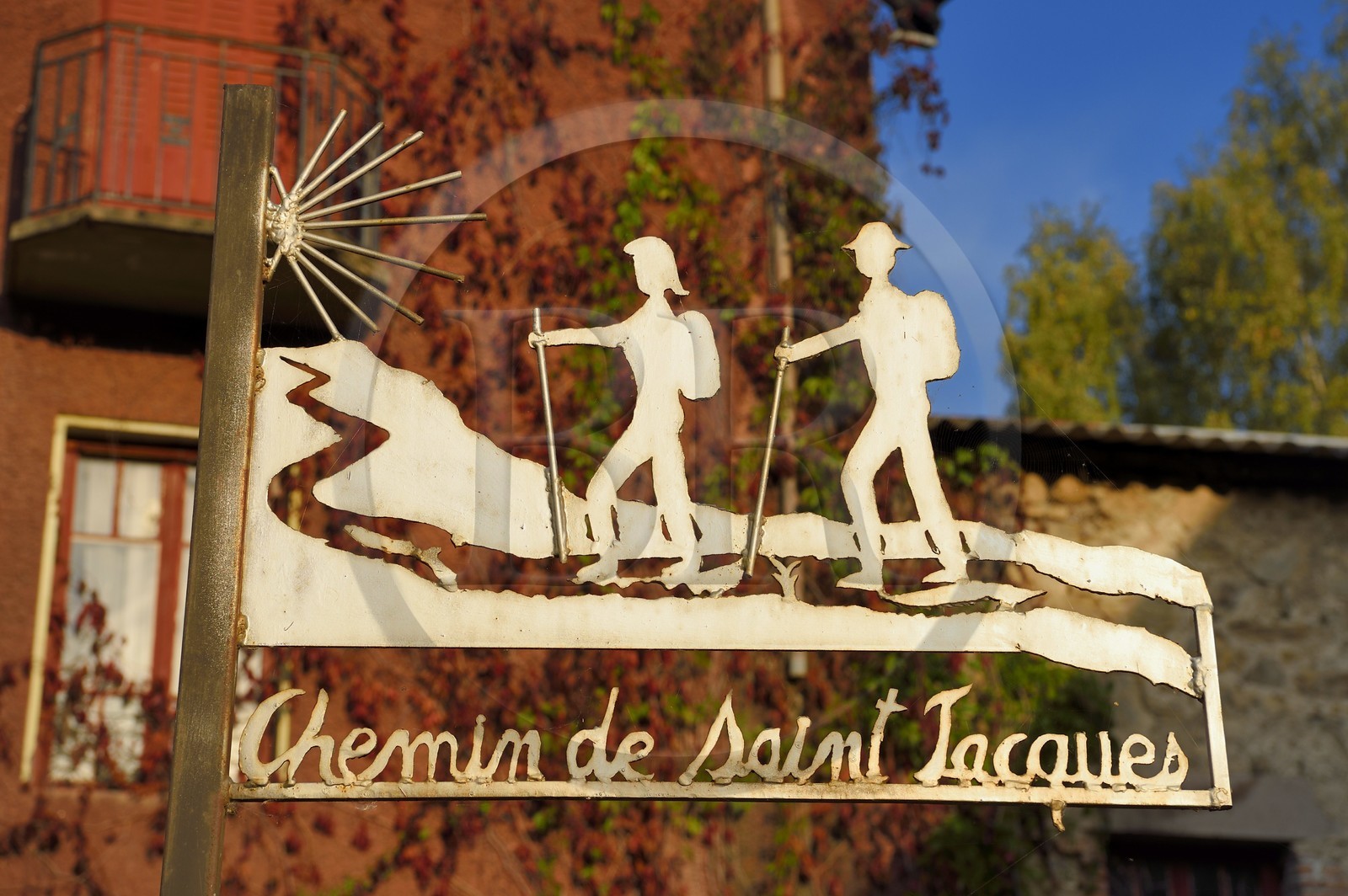 France, Cantal, Ferrières-Saint-Mary, road sign of St Jacques de Compostela