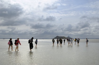 France, Manche (50), traversée à pied de la Baie du Mont Saint-Michel, classé Patrimoine Mondial de l' UNESCO