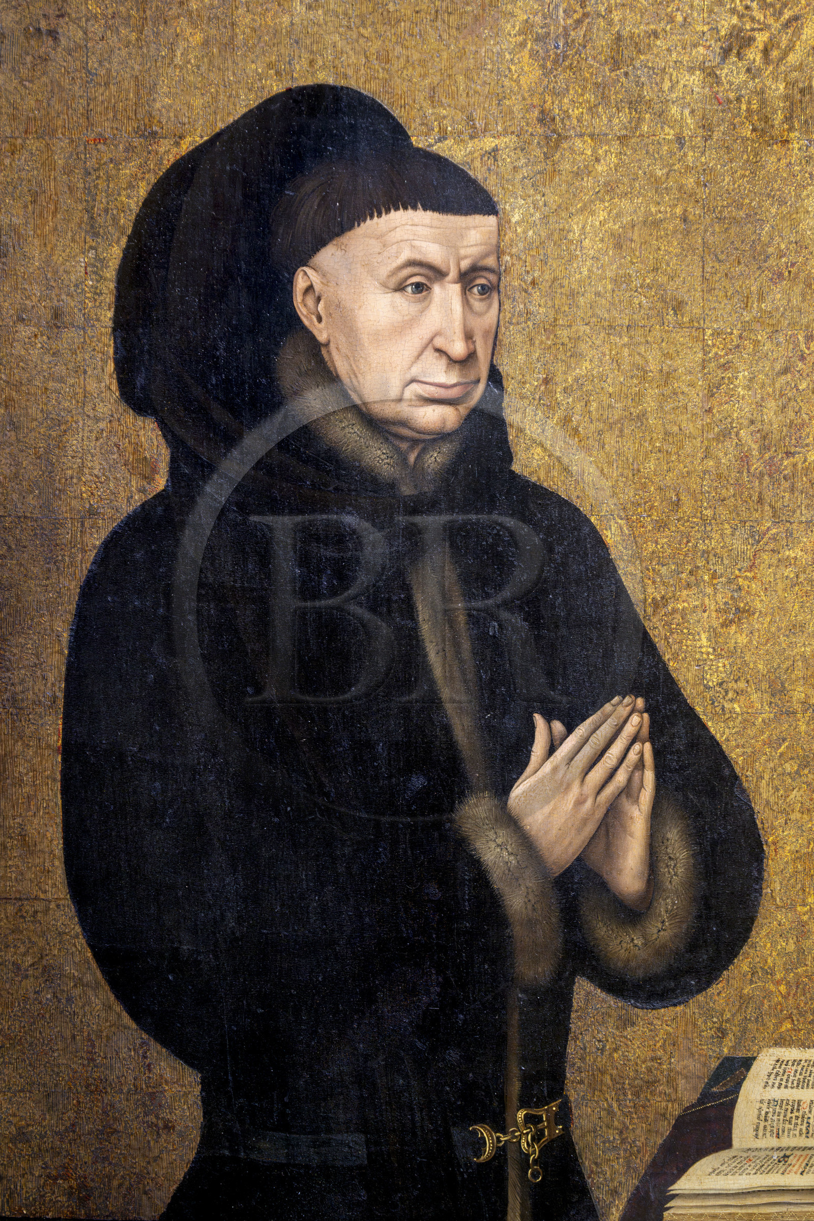 France, Côte-d'Or (21), Beaune, zone classée Patrimoine Mondial de l'UNESCO, Hospices de Beaune, l'Hôtel-Dieu, salle du Polyptyque, détail du polyptyque du Jugement Dernier fermé, oeuvre réalisée au XVe siècle par de Rogier Van Der Weyden, portrait de Nicolas Rolin, fondateur des hospices avec son épouse Guigone de Salins