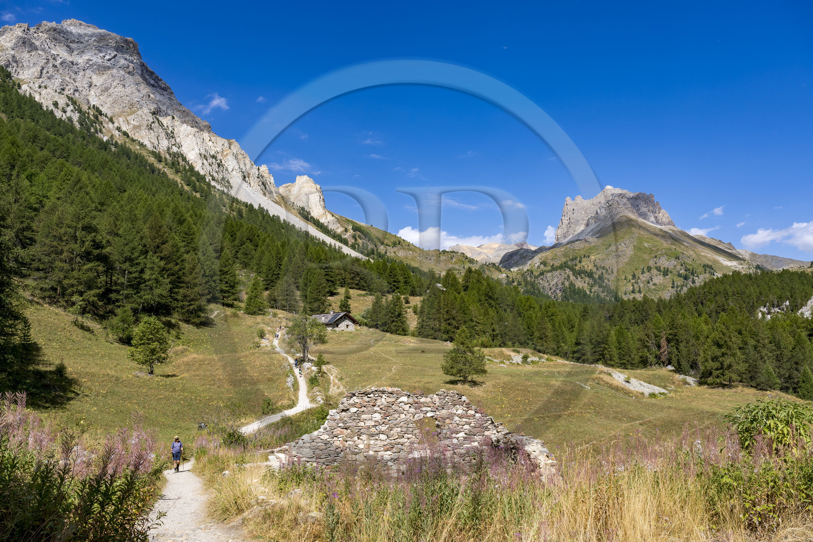 France, Hautes Alpes (05), Névache, la Vallée Étroite à la frontière italienne, hameau les Granges, randonneurs sur le chemin vers le Lac Vert, le Mont Thabor et le Grand Séru (à droite) en arrière plan
