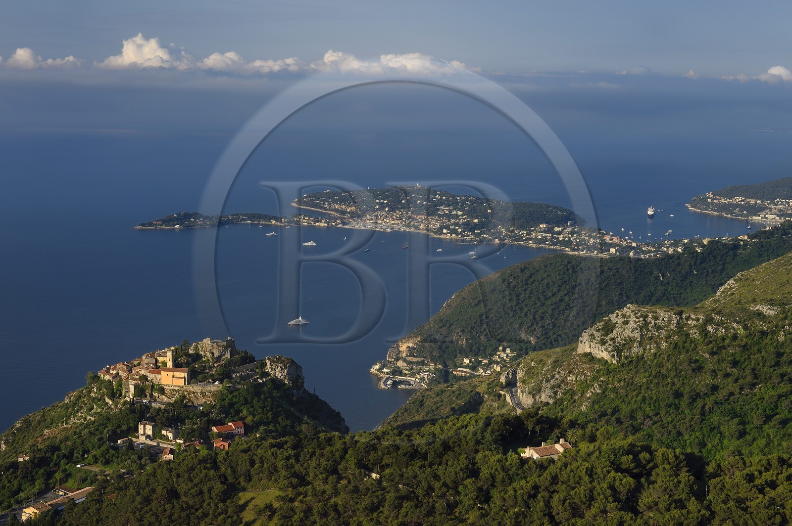 France, Alpes-Maritimes, the hilltop village of Eze, Saint-Jean-Cap-Ferrat in the background