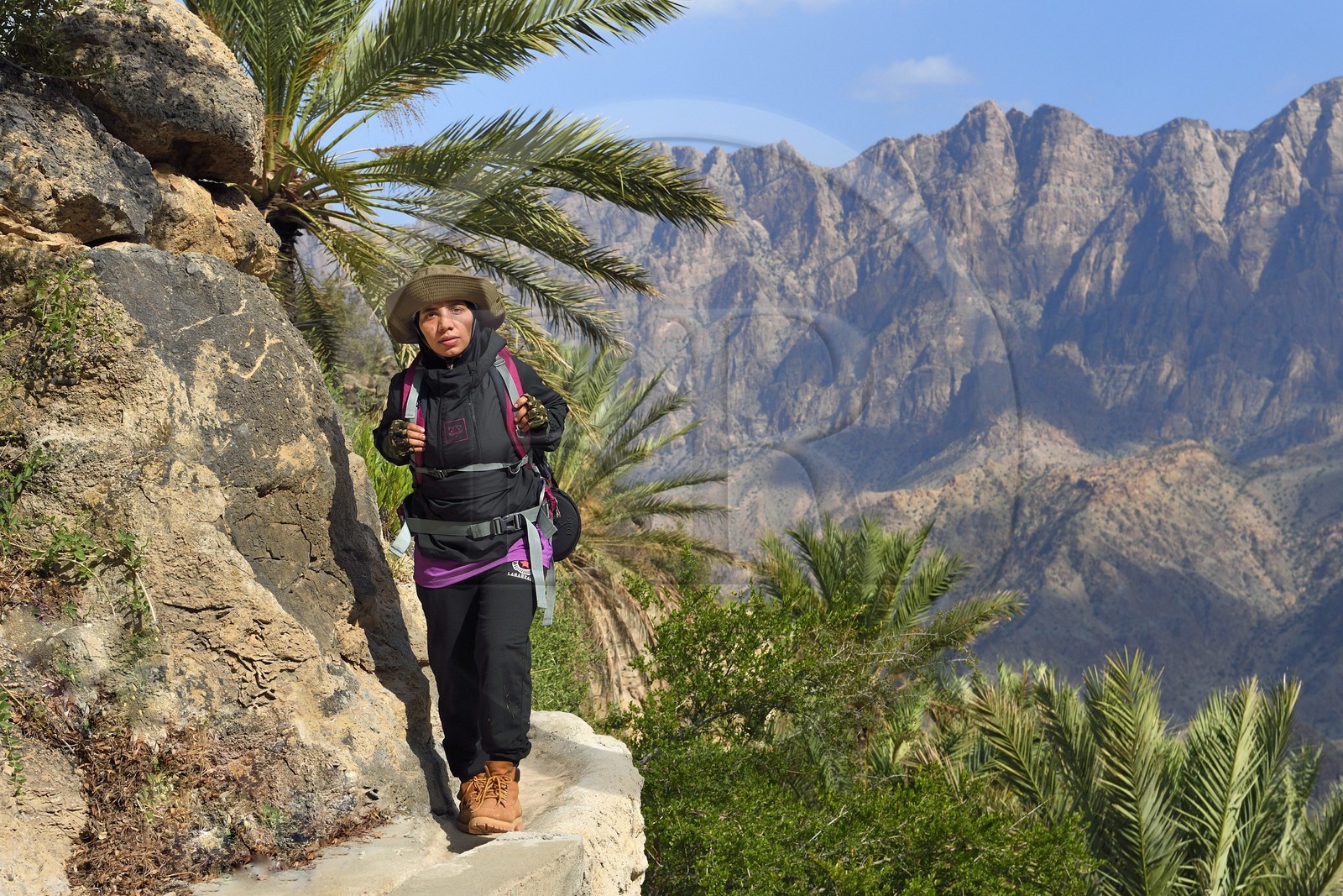 Sultanat d'Oman, Gouvernorat d'Al-Batina du Sud, Hajar occidental, Wadi Mistall, la randonneuse Badour Al Salhi suivant un falaj canal d'irrigation au dessus du village de Wakan (Wukan)