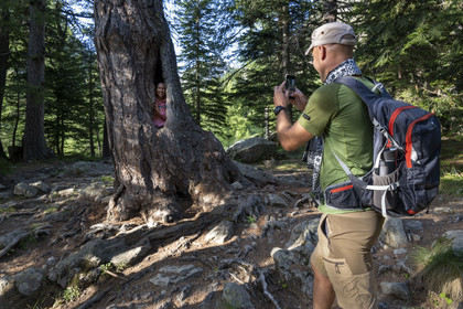 France, Alpes-Maritimes, Parc National du Mercantour (Mercantour national park), Haute Vesubie, Saint Martin Vesubie, Val du Haut Boréon, souvenir photo in a trunk for hikers