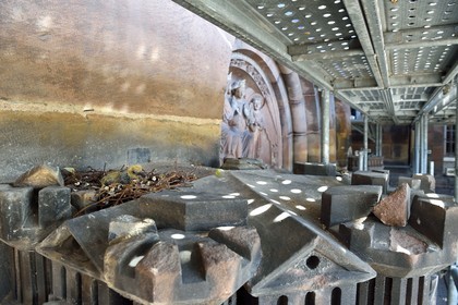 France, Bas-Rhin (67), Strasbourg, vieille ville classée au Patrimoine Mondial de l'UNESCO, la cathédrale Notre-Dame, chantier de restauration du Portail du Jour du jugement, jeune pigeon dans un nid au dessus de la Jérusalem céleste