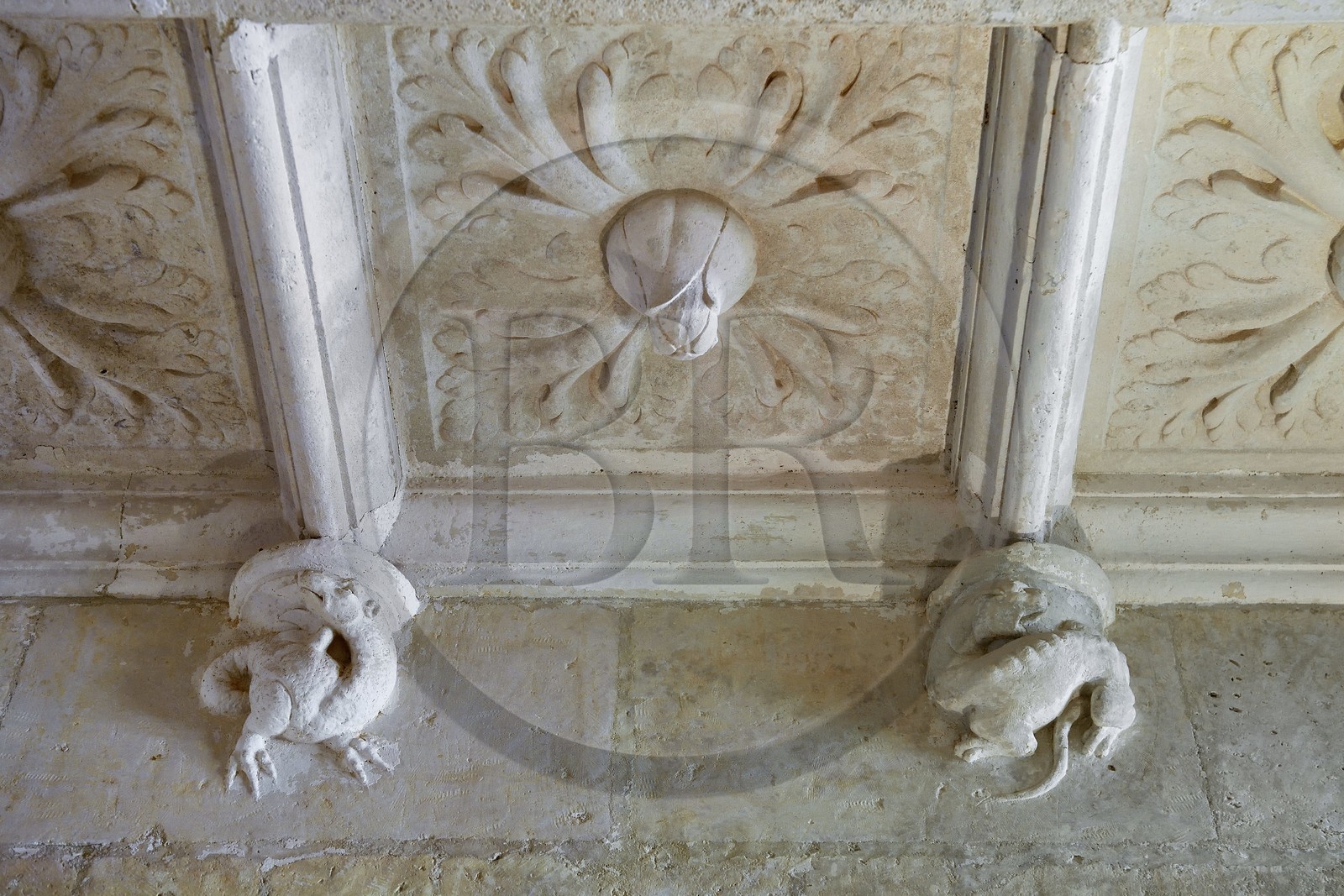 France, Dordogne (24), Périgord Vert, Villars, château de Puyguilhem, plafond à caissons du vestibule du premier étage orné de fleurs de chardons et de salamandres
